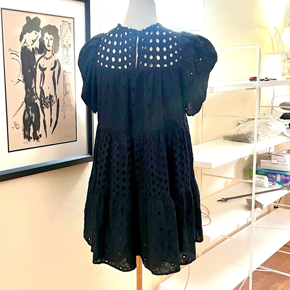 &Merci, Adorable,Completely Lined Black Eyelet Puff Sleeve Cotton Dress,Size S - Picture 3 of 12